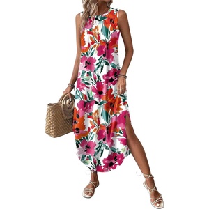 image:imageZeagoo Women Floral Summer Casual Beach Printed Tank Dress with Pockets Pleated Front Long Dress2604 Red Flower