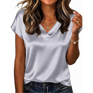 image:imageZeagoo Women Silk Satin Tops Cap Short Sleeve Blouse V Neck Shirts Business Casual Outfits S2XLGrey
