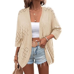 image:imageZeagoo Womens 2026 Lightweight Crochet Cardigan Sweaters Open Front 34 Sleeve Knit Kimono Summer Boho Cover UpBeige
