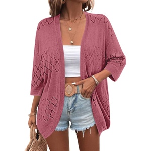 image:imageZeagoo Womens 2026 Lightweight Crochet Cardigan Sweaters Open Front 34 Sleeve Knit Kimono Summer Boho Cover UpLight Pink