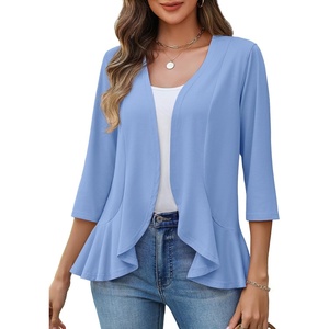 image:imageZeagoo Womens 2026 Summer 34 Sleeve Lightweight Cardigans Open Front Draped Ruffles Kimono CoverupsLight Blue