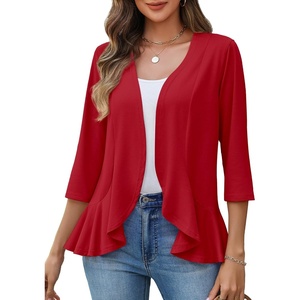 image:imageZeagoo Womens 2026 Summer 34 Sleeve Lightweight Cardigans Open Front Draped Ruffles Kimono CoverupsRed