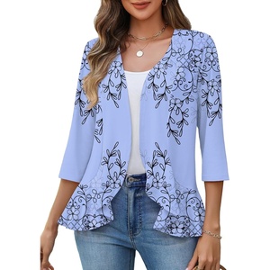 image:imageZeagoo Womens 2026 Summer 34 Sleeve Lightweight Cardigans Open Front Draped Ruffles Kimono CoverupsSf166