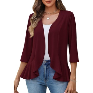 image:imageZeagoo Womens 2026 Summer 34 Sleeve Lightweight Cardigans Open Front Draped Ruffles Kimono CoverupsWine Red
