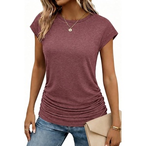 image:imageZeagoo Womens Cap Short Sleeve TShirts Ruched Crew Neck Trendy Fashion Tunic Blouse2dark Red