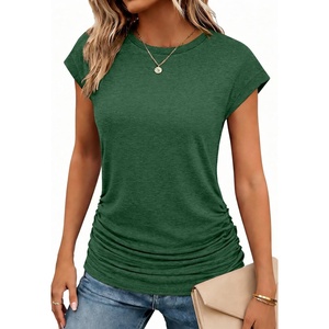 image:imageZeagoo Womens Cap Short Sleeve TShirts Ruched Crew Neck Trendy Fashion Tunic Blouse2green