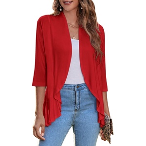 image:imageZeagoo Womens Open Front Cardigan 2026 Spring Summer Lightweight 34 Sleeve Draped Ruffles Cardigans S3XLRed