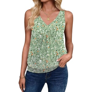 image:imageZeagoo Womens Tank Tops Loose Fit V Neck Ruched Sleeveless Tops Casual Basic Banded Shirts SXXLGreen White Flower