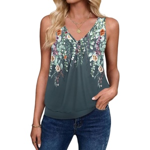 image:imageZeagoo Womens Tank Tops Loose Fit V Neck Ruched Sleeveless Tops Casual Basic Banded Shirts SXXLGrey Colorful Flower