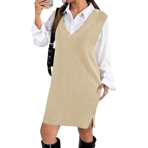 image:imageZeagoo Womens V Neck Sweater Vest Dress Oversized Sleeveless Casual Pullover Sweater Fall Winter Knit Slit Short DressApricot