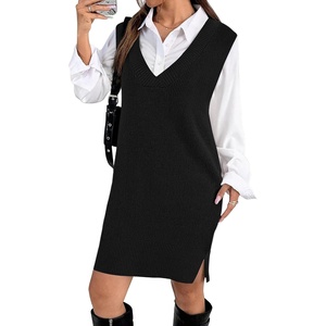 image:imageZeagoo Womens V Neck Sweater Vest Dress Oversized Sleeveless Casual Pullover Sweater Fall Winter Knit Slit Short DressBlack