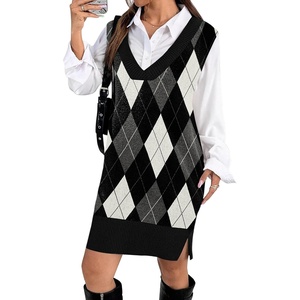 image:imageZeagoo Womens V Neck Sweater Vest Dress Oversized Sleeveless Casual Pullover Sweater Fall Winter Knit Slit Short DressBlack Diamond