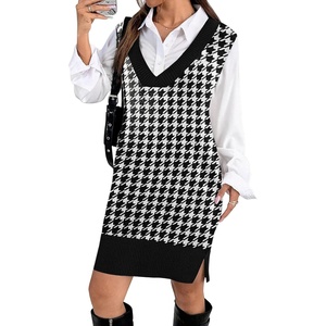 image:imageZeagoo Womens V Neck Sweater Vest Dress Oversized Sleeveless Casual Pullover Sweater Fall Winter Knit Slit Short DressBlack Houndstooth