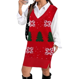 image:imageZeagoo Womens V Neck Sweater Vest Dress Oversized Sleeveless Casual Pullover Sweater Fall Winter Knit Slit Short DressChristmas