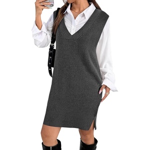 image:imageZeagoo Womens V Neck Sweater Vest Dress Oversized Sleeveless Casual Pullover Sweater Fall Winter Knit Slit Short DressDark Grey