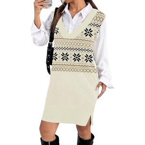 image:imageZeagoo Womens V Neck Sweater Vest Dress Oversized Sleeveless Casual Pullover Sweater Fall Winter Knit Slit Short DressFair Isle