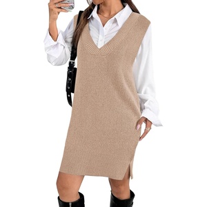 image:imageZeagoo Womens V Neck Sweater Vest Dress Oversized Sleeveless Casual Pullover Sweater Fall Winter Knit Slit Short DressKhaki