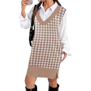 image:imageZeagoo Womens V Neck Sweater Vest Dress Oversized Sleeveless Casual Pullover Sweater Fall Winter Knit Slit Short DressKhaki Houndstooth