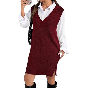 image:imageZeagoo Womens V Neck Sweater Vest Dress Oversized Sleeveless Casual Pullover Sweater Fall Winter Knit Slit Short DressWine Red