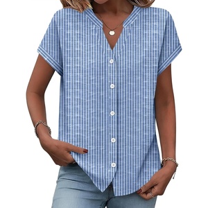 image:imageZeagoo Blouses for Women Short Sleeve Business Casual Button Down Shirts V Neck Work Office Striped Ladies Tops