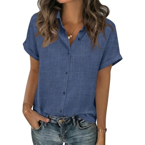 image:imageZeagoo Short Sleeve Summer Tops for Women Casual Button Down Shirts SolidStriped Business Work BlousesNavy