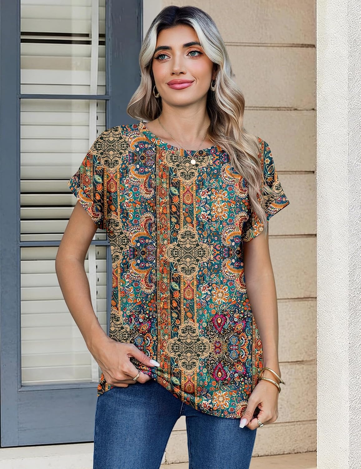 image:imageZeagoo Womens Tops Short Sleeve Cute Summer Blouses Crew Neck Dressy Casual T Shirts Work Clothes S2XLMz721multicolored