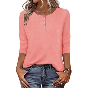 image:imageZeagoo 34 Length Sleeve Women Tops Crew Neck Blouses Dressy Casual Summer T Shirts Loose Fit Business Work ClothesCoral Pink