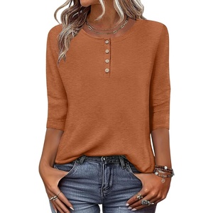 image:imageZeagoo 34 Length Sleeve Women Tops Crew Neck Blouses Dressy Casual Summer T Shirts Loose Fit Business Work ClothesLight Brown