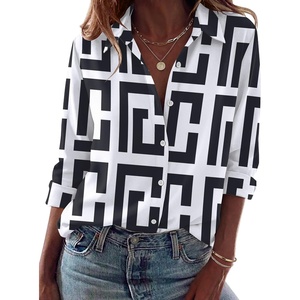 image:imageZeagoo Blouses for Women Dressy Casual Long Sleeve Button Down Shirts Collared Summer Tops Fall Fashion ClothesBlack White Geometry