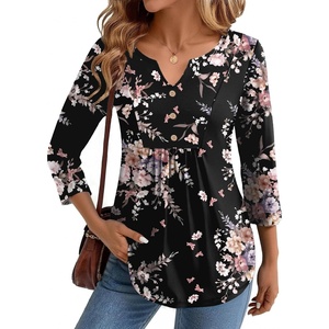 image:imageZeagoo Womens 34 Length Sleeve Tops V Neck Dressy Casual T Shirts Pleated Business Work Blouses Basic Tees S3XLBf332