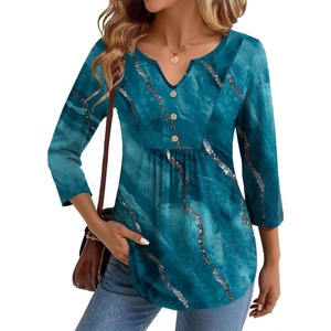 image:imageZeagoo Womens 34 Length Sleeve Tops V Neck Dressy Casual T Shirts Pleated Business Work Blouses Basic Tees S3XLCx287