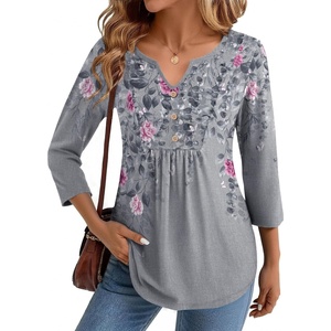 image:imageZeagoo Womens 34 Length Sleeve Tops V Neck Dressy Casual T Shirts Pleated Business Work Blouses Basic Tees S3XLHf36