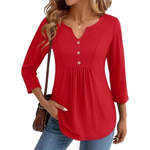 image:imageZeagoo Womens 34 Length Sleeve Tops V Neck Dressy Casual T Shirts Pleated Business Work Blouses Basic Tees S3XLRed