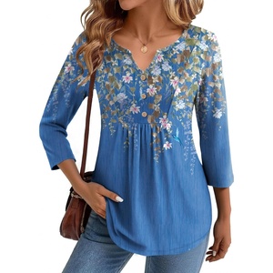 image:imageZeagoo Womens 34 Length Sleeve Tops V Neck Dressy Casual T Shirts Pleated Business Work Blouses Basic Tees S3XLSf233