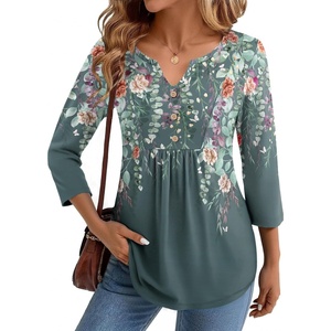 image:imageZeagoo Womens 34 Length Sleeve Tops V Neck Dressy Casual T Shirts Pleated Business Work Blouses Basic Tees S3XLWf71