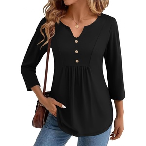 image:imageZeagoo Womens 34 Length Sleeve Tops V Neck Dressy Casual T Shirts Pleated Business Work Blouses Basic Tees S3XLZblack