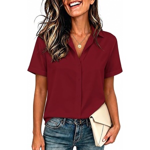image:imageZeagoo Womens Button Down Blouse Rolled Cuffed Short Sleeve Shirts Casual Work Blouse Summer Hawaiian OutfitsRed