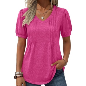 image:imageZeagoo Womens Puff Short Sleeve Boho Shirts Casual V Neck Floral Solid Summer Blouse Pleated Tunic TopAhot Pink