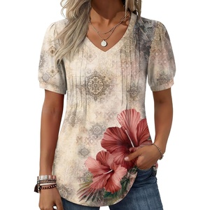 image:imageZeagoo Womens Puff Short Sleeve Boho Shirts Casual V Neck Floral Solid Summer Blouse Pleated Tunic TopApa275