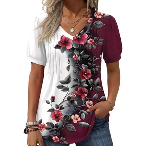 image:imageZeagoo Womens Puff Short Sleeve Boho Shirts Casual V Neck Floral Solid Summer Blouse Pleated Tunic TopBf183