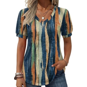 image:imageZeagoo Womens Puff Short Sleeve Boho Shirts Casual V Neck Floral Solid Summer Blouse Pleated Tunic TopMulticolor 289
