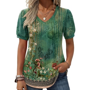 image:imageZeagoo Womens Puff Short Sleeve Boho Shirts Casual V Neck Floral Solid Summer Blouse Pleated Tunic TopPa171