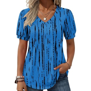 image:imageZeagoo Womens Puff Short Sleeve Boho Shirts Casual V Neck Floral Solid Summer Blouse Pleated Tunic TopZr459