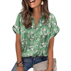 image:imageZeagoo Womens Satin Blouse Short Sleeve Silk Tops Button Down Shirts Business Casual OutfitsGreen Floral