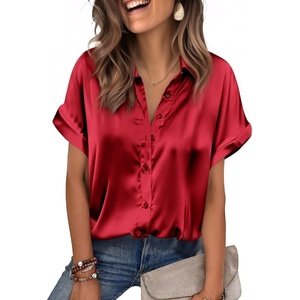 image:imageZeagoo Womens Satin Blouse Short Sleeve Silk Tops Button Down Shirts Business Casual OutfitsRed