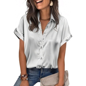 image:imageZeagoo Womens Satin Blouse Short Sleeve Silk Tops Button Down Shirts Business Casual OutfitsSilver Grey