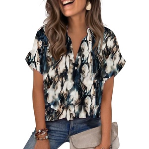 image:imageZeagoo Womens Satin Blouse Short Sleeve Silk Tops Button Down Shirts Business Casual OutfitsTie Dye Navy