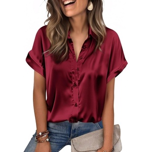 image:imageZeagoo Womens Satin Blouse Short Sleeve Silk Tops Button Down Shirts Business Casual OutfitsWine Red