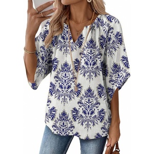 image:imageZeagoo Womens Tops 34 Sleeve V Neck Bohemian Blouses Casual Loose Fit Tunic Boho Shirts Floral Printed ClothesBlue Boho Mz903