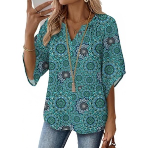 image:imageZeagoo Womens Tops 34 Sleeve V Neck Bohemian Blouses Casual Loose Fit Tunic Boho Shirts Floral Printed ClothesBlue Floral Mz858